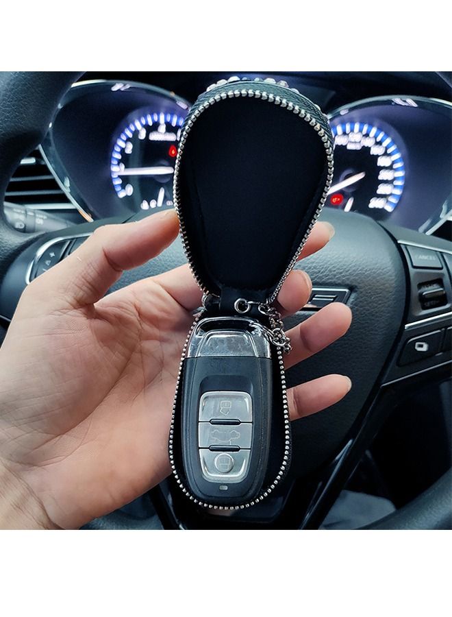 Car Key case holder, Key fob protector, Leather Car smart Key Chain holder, Keyring Zipper Bag, Key fob cover case with Rhinestones and Rose - Image 3