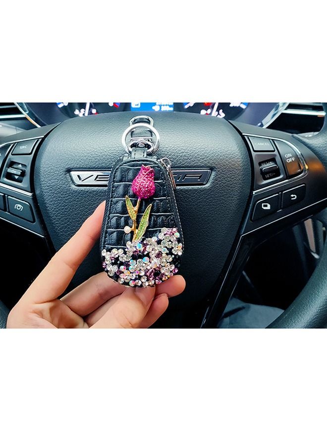 Car Key case holder, Key fob protector, Leather Car smart Key Chain holder, Keyring Zipper Bag, Key fob cover case with Rhinestones and Rose - Image 2