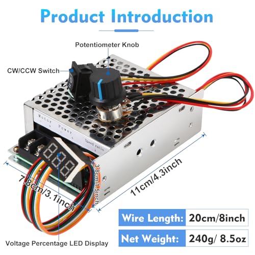 HARMNEE PWM DC Motor Speed Controller, DC 10-55V / Rated 40A, LED Display Stepless DC Motor Speed Controller with Adjustable Potentiometer and Forward-Brake-Reverse Switch - Image 5