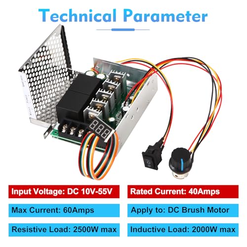 HARMNEE PWM DC Motor Speed Controller, DC 10-55V / Rated 40A, LED Display Stepless DC Motor Speed Controller with Adjustable Potentiometer and Forward-Brake-Reverse Switch - Image 3