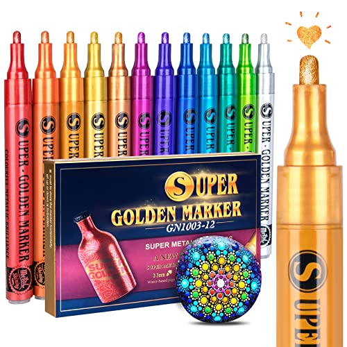 SAKEYR Super Golden Metallic Paint Markers, 12 Colors Sparkle Metallic Glitter Markers, Acrylic Paint Pens for Rock Painting, Glass, Wood, Fabric, Black Paper, Cards, Scrapbook, DIY Art Crafts (2-3mm) - Image 1