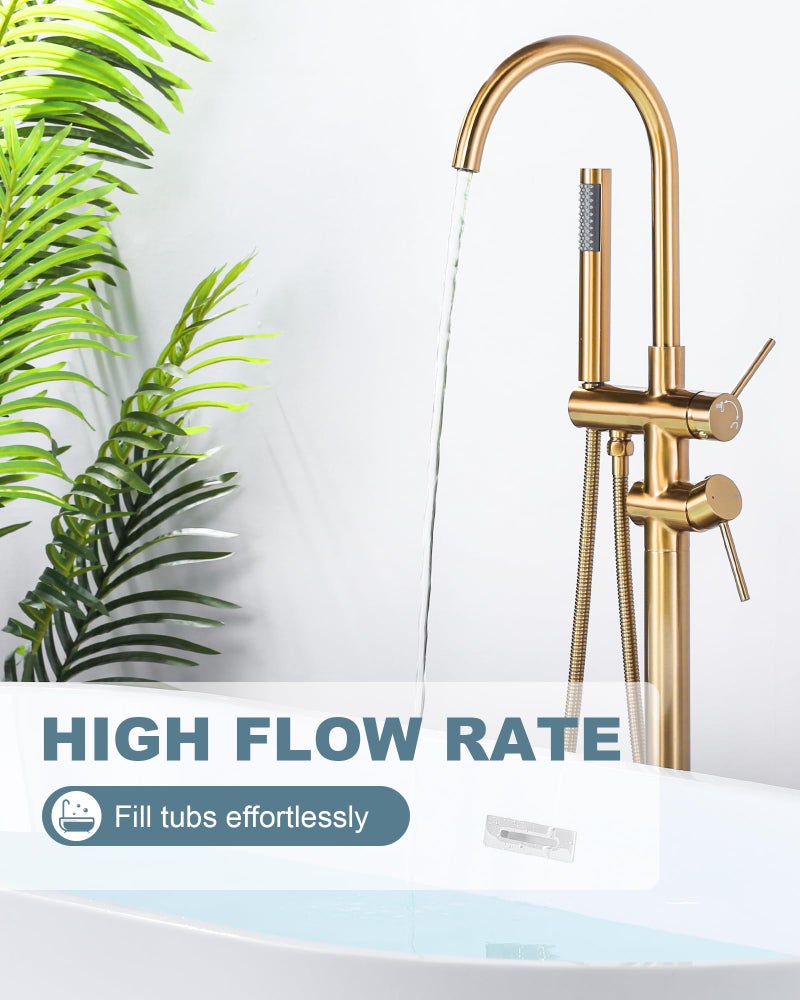 Arcora Freestanding Bathtub Faucet Brushed Gold, Floor Mount Tub Filler, High Flow Brass Shower Faucets with Handheld Sprayer for Bathroom - Image 3