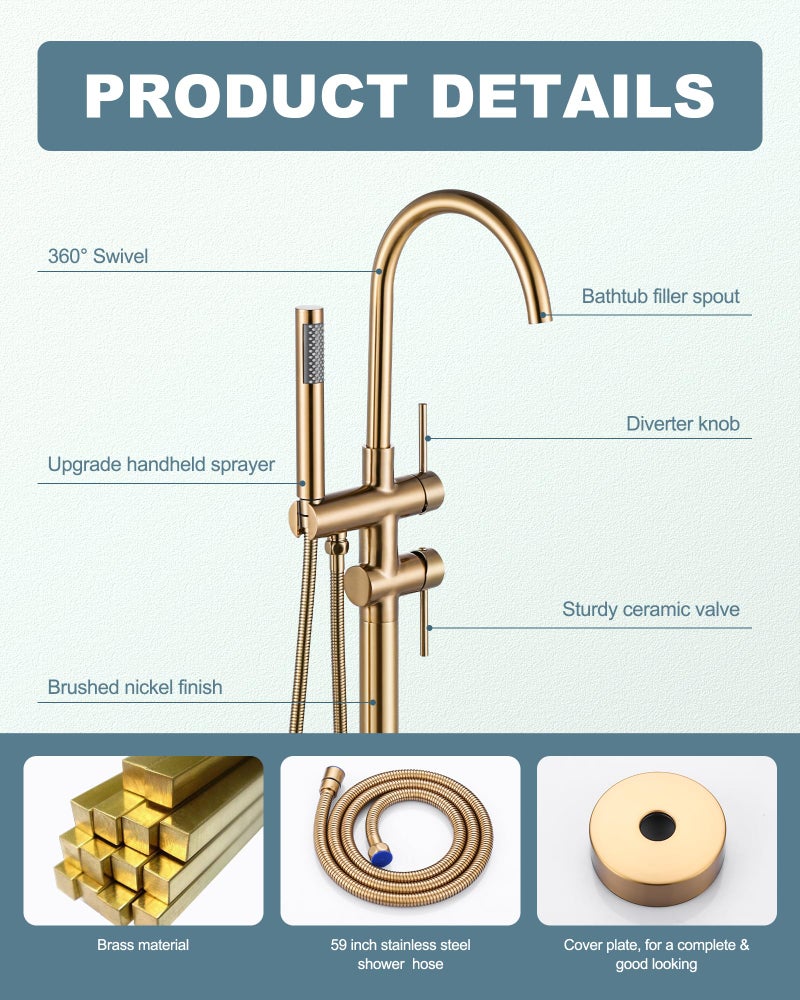 Arcora Freestanding Bathtub Faucet Brushed Gold, Floor Mount Tub Filler, High Flow Brass Shower Faucets with Handheld Sprayer for Bathroom - Image 4