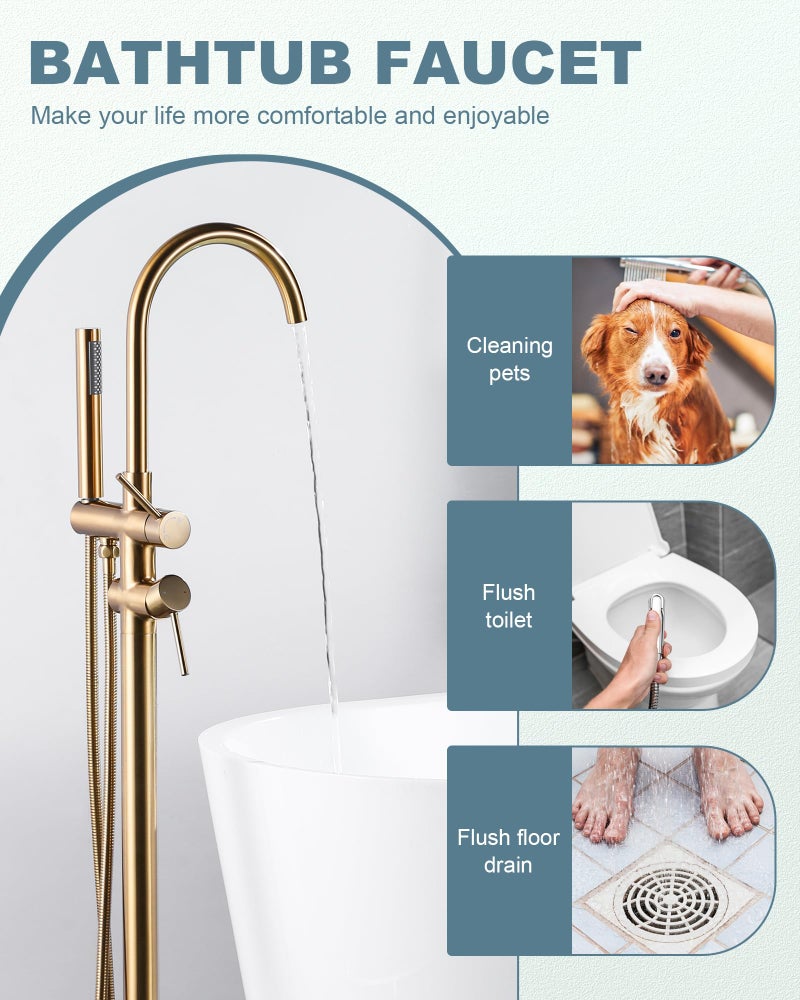 Arcora Freestanding Bathtub Faucet Brushed Gold, Floor Mount Tub Filler, High Flow Brass Shower Faucets with Handheld Sprayer for Bathroom - Image 5