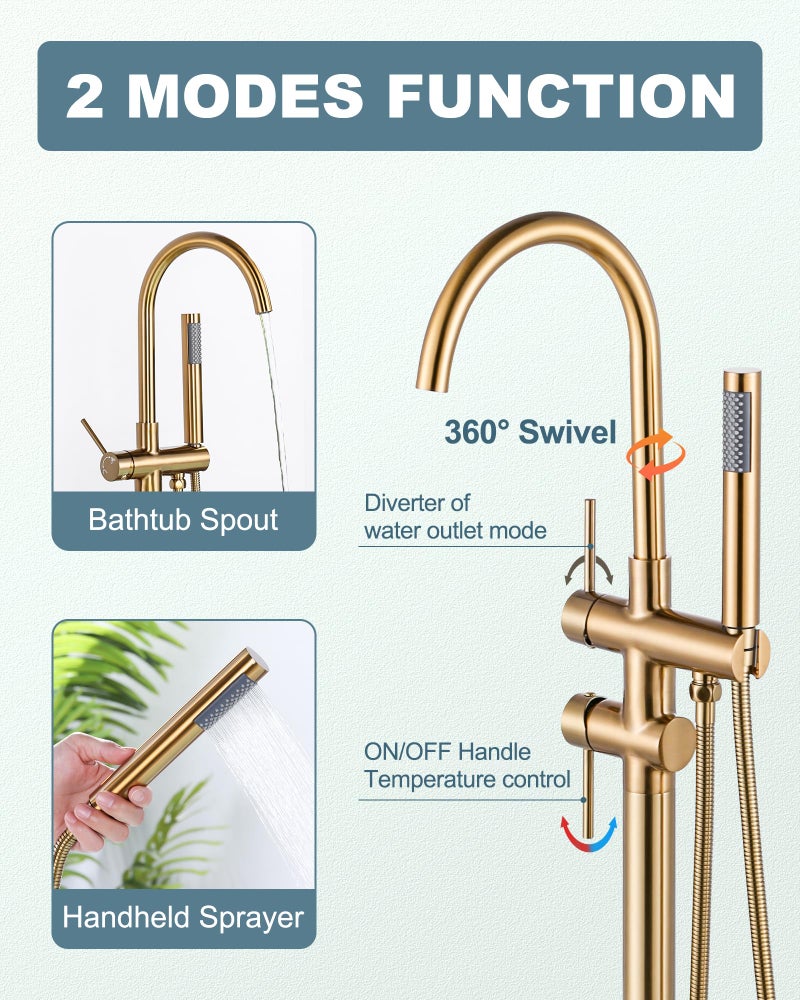 Arcora Freestanding Bathtub Faucet Brushed Gold, Floor Mount Tub Filler, High Flow Brass Shower Faucets with Handheld Sprayer for Bathroom - Image 2