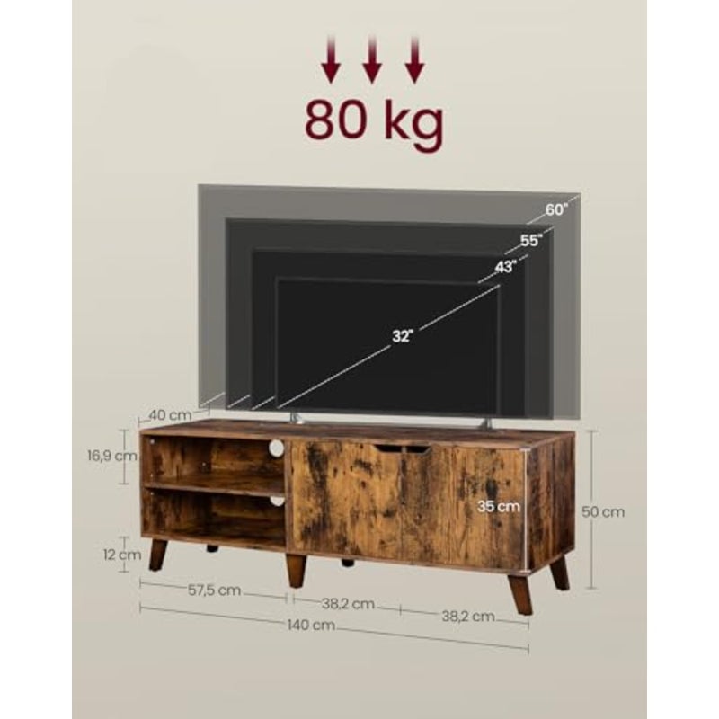 TV Stand with 2 Doors, TV Stand with Adjustable Shelves, Length 140 cm, for 65 Inch TVs, Living Room, Dining Room, Bedroom, Rustic Brown LTV027X01 - Image 4