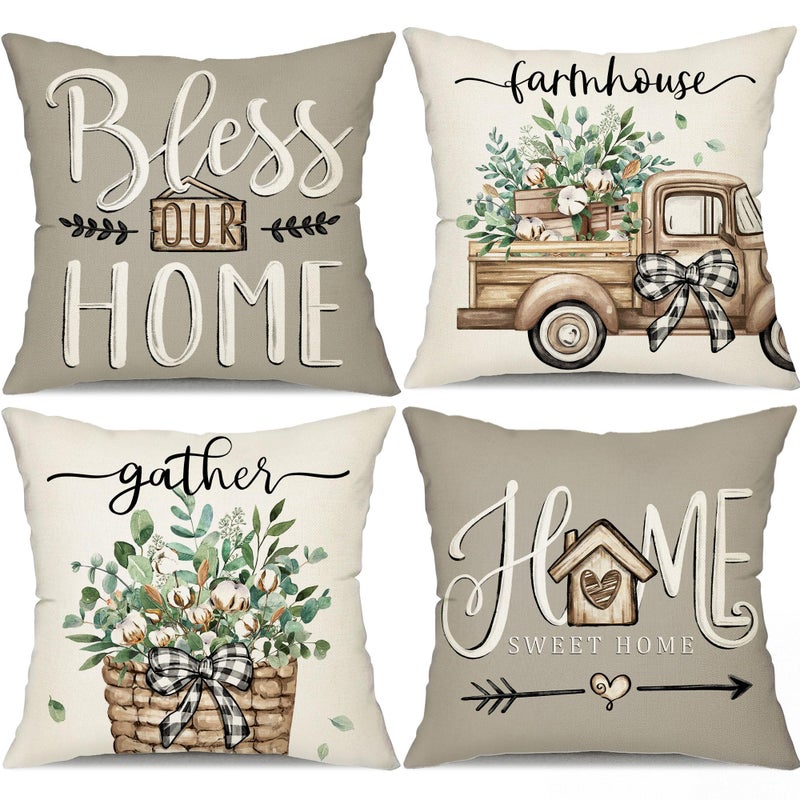 DFXSZ Farmhouse Pillow Covers 18x18 Set of 4 Eucalyptus Leaves Decorations Truck Sweet Home Spring Pillow Covers Polyester Cushion Case Gifts for Home Decor 175