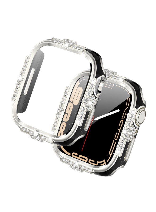 Loquat Suitable For Apple Watch 45689 Generation PC Tempered Glass Protection Hard Shell Iwatch Four-Edge Diamond Double Color Laser Carving-Color:Silver-Dimensions:45mm  - Image 5