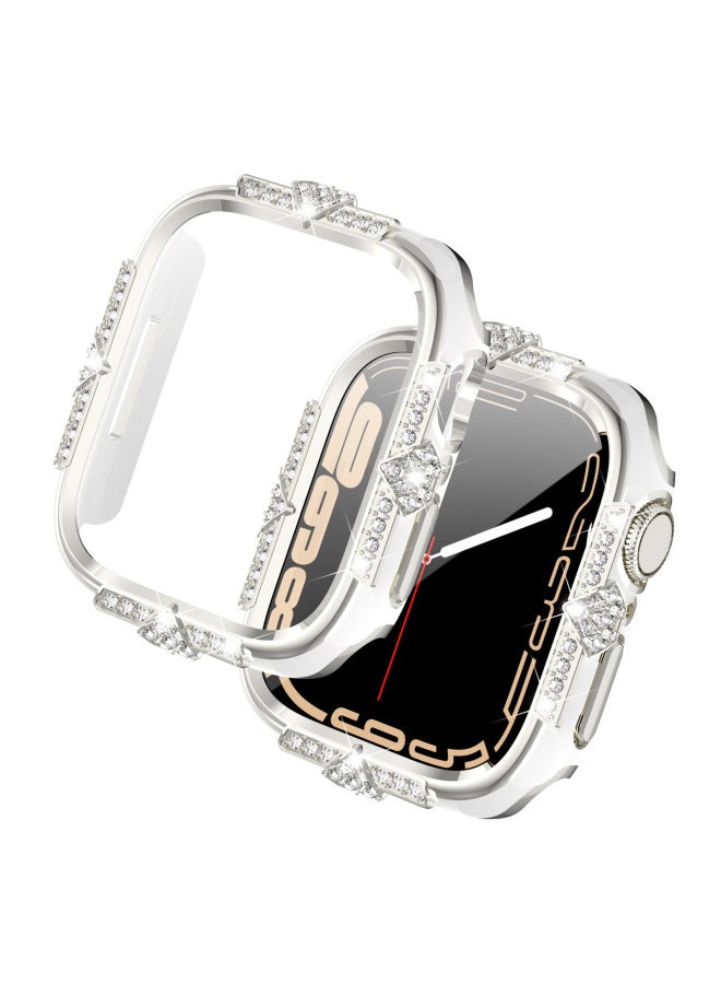 Loquat Suitable For Apple Watch 45689 Generation PC Tempered Glass Protection Hard Shell Iwatch Four-Edge Diamond Double Color Laser Carving-Color:Silver-Dimensions:45mm  - Image 4