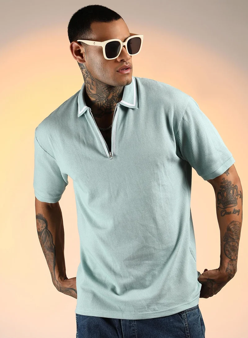 Campus Sutra Men's Mint Green Micro-Waffle Polo T-Shirt