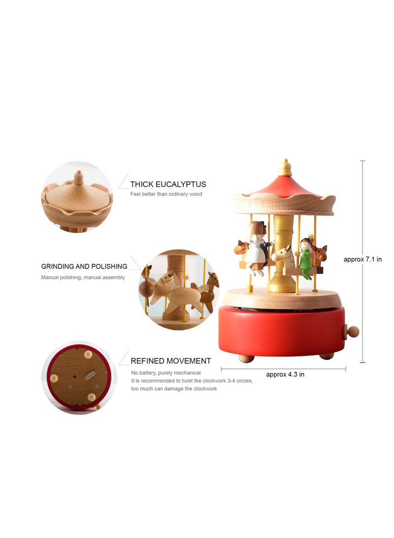 SYOSI Carousel Music Box, Handmade Wooden Merry-Go-Round Horse Musical Box Turn Horse Shaped Wood Crafts Birthday Home Decor(Red) - Image 5