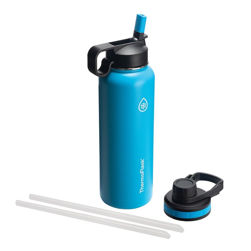 ThermoFlask زجاجة ثيرمو فلاس مع غطاء شرب وغطاء قشة - زجاجة ماء من الفولاذ المقاوم للصدأ مع أغطية مانعة للتسرب - زجاجة وأغطية قابلة لإعادة الاستخدام آمنة في غسالة الصحون - زجاجة متينة، 2 قشة و2 غطاء - 40 أونصة، كابري - Image 1
