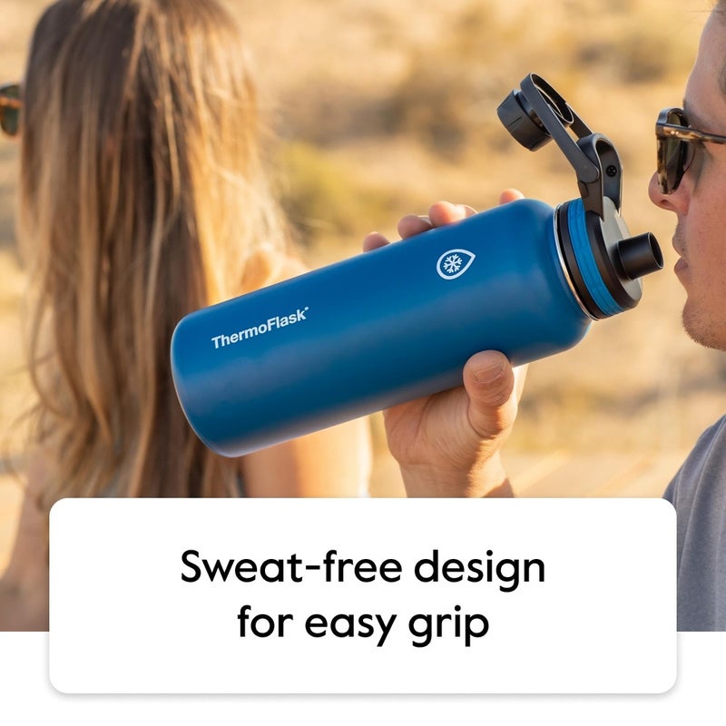 ThermoFlask زجاجة ثيرمو فلاس مع غطاء شرب وغطاء قشة - زجاجة ماء من الفولاذ المقاوم للصدأ مع أغطية مانعة للتسرب - زجاجة وأغطية قابلة لإعادة الاستخدام آمنة في غسالة الصحون - زجاجة متينة، 2 قشة و2 غطاء - 40 أونصة، كابري - Image 5