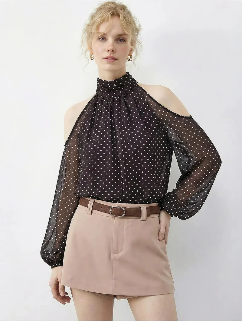 بيانكو لوتشي LUCCI Polka Dot Chiffon Turtleneck Blouse with Cut Out
