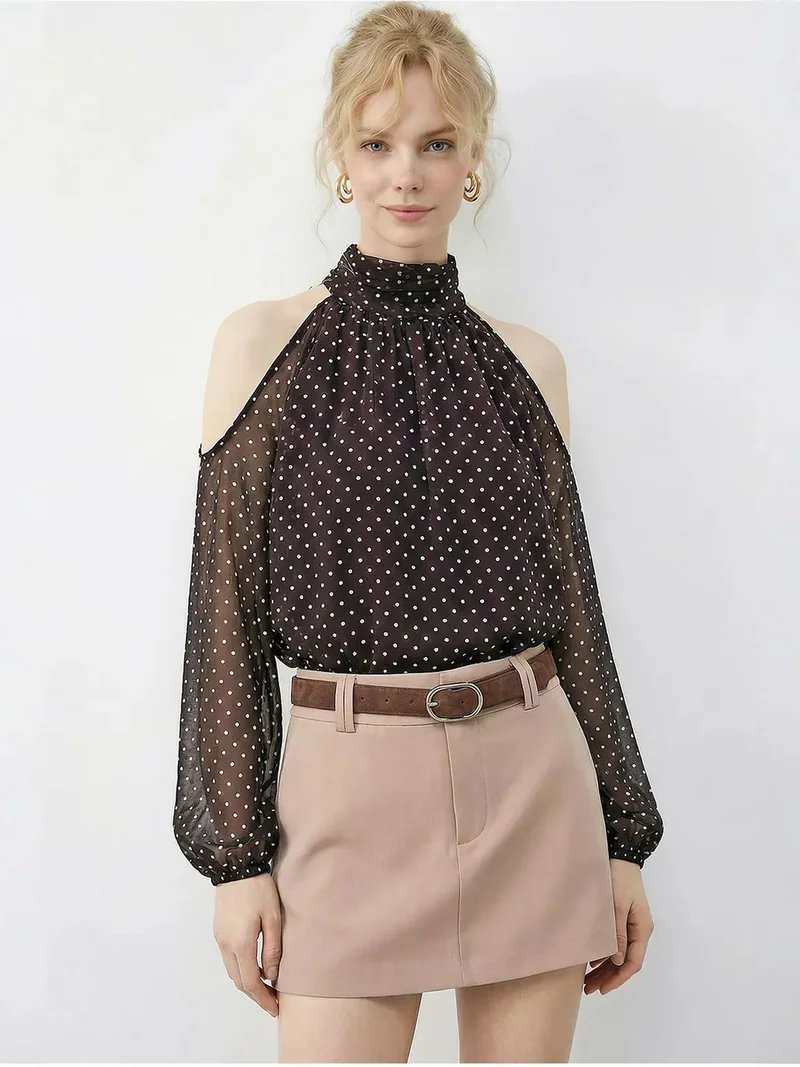Bianco Lucci LUCCI Polka Dot Chiffon Turtleneck Blouse with Cut Out