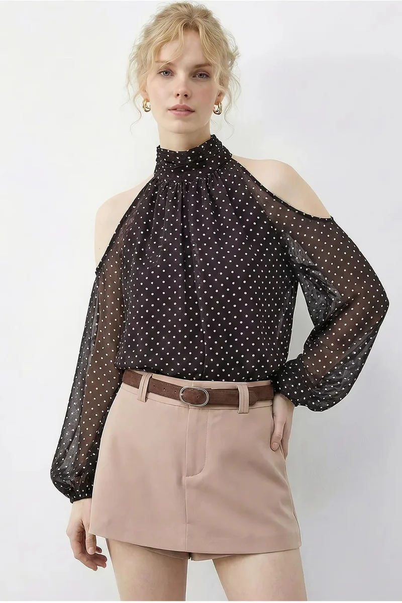 Bianco Lucci LUCCI Polka Dot Chiffon Turtleneck Blouse with Cut Out