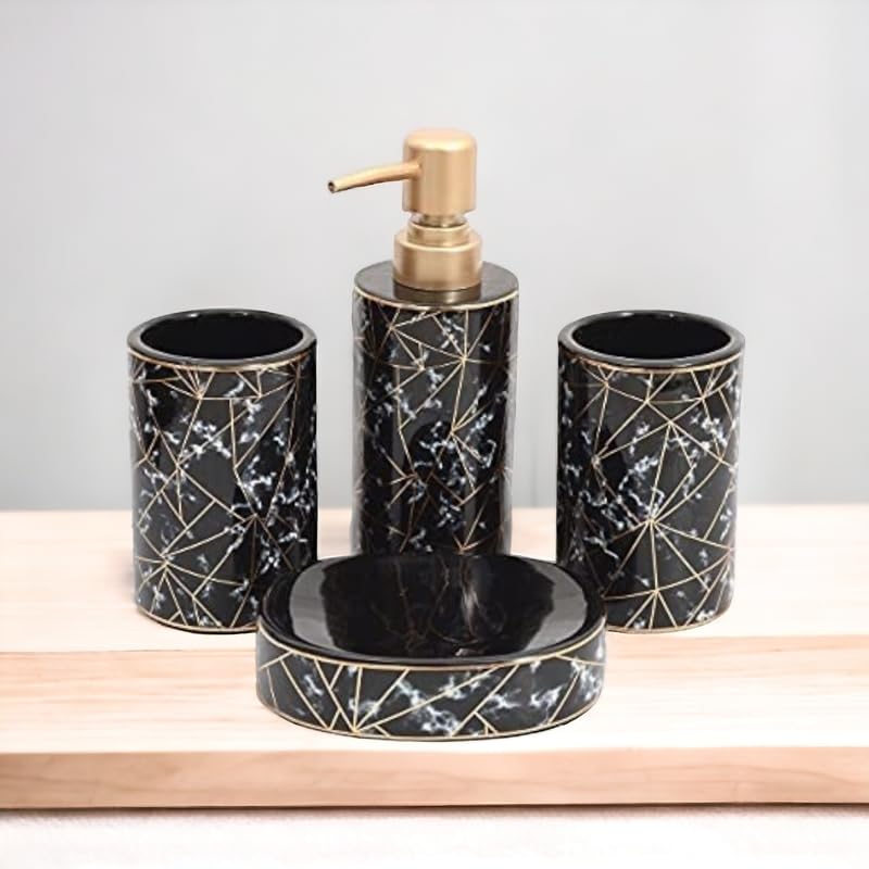 Whizzo Ceramic Bathroom Accessories Set Ceramic 4 Pieces Bathroom Accessories Set Soap Dispenser Toothbrush Holder Tumbler Soap Dish The Best Gifting Choice Black - Image 2