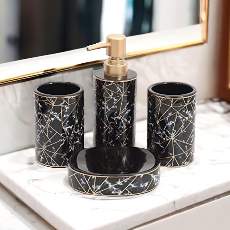 Whizzo Ceramic Bathroom Accessories Set Ceramic 4 Pieces Bathroom Accessories Set Soap Dispenser Toothbrush Holder Tumbler Soap Dish The Best Gifting Choice Black - Image 1