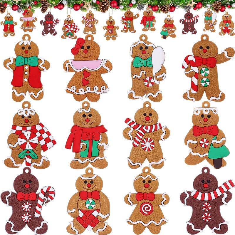 Jishi Gingerbread Man Ornaments 12pcs Gingerbread Christmas Decorations for Tree, Cute Hanging Plastic Gingerbread Figurines Ornaments for Christmas Tree, Home Decor Living Room Kids Birthday Party Supplies - Image 1