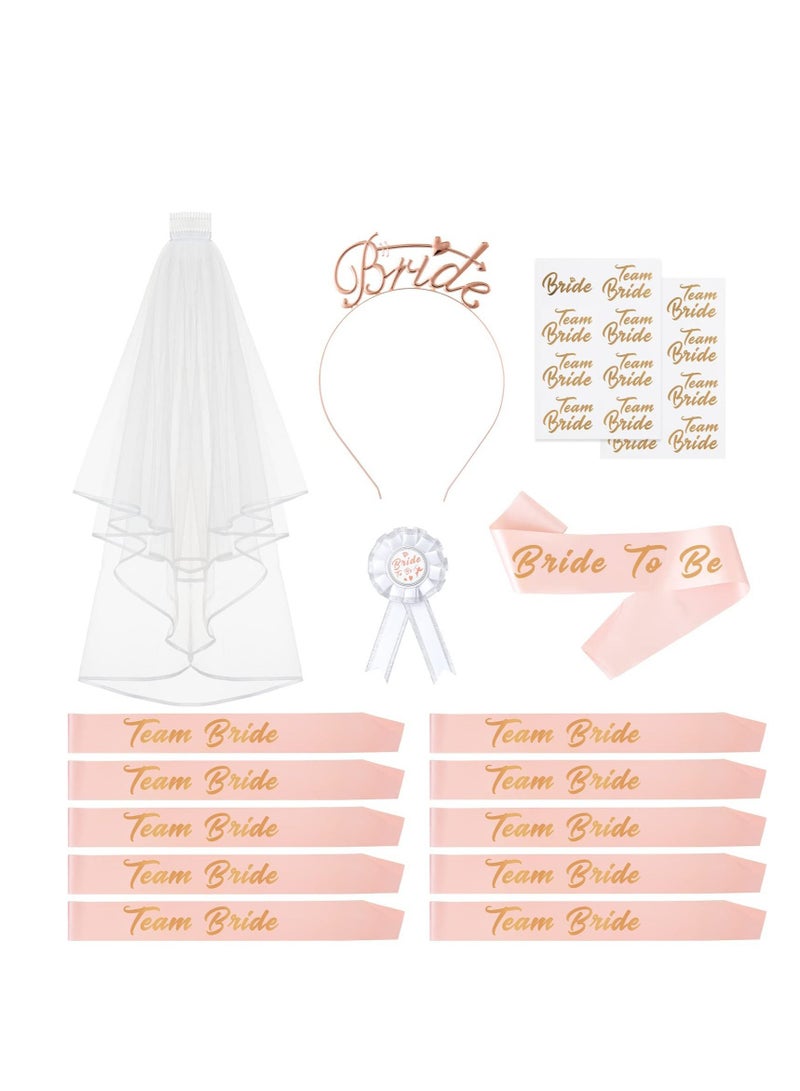 NIBEMINENT Bachelorette Party Decorations, Bride to Be Supplies, 16pcs Decorations Kit Sash Veil Tiara Tattoos for Bridal Shower Wedding - Image 1