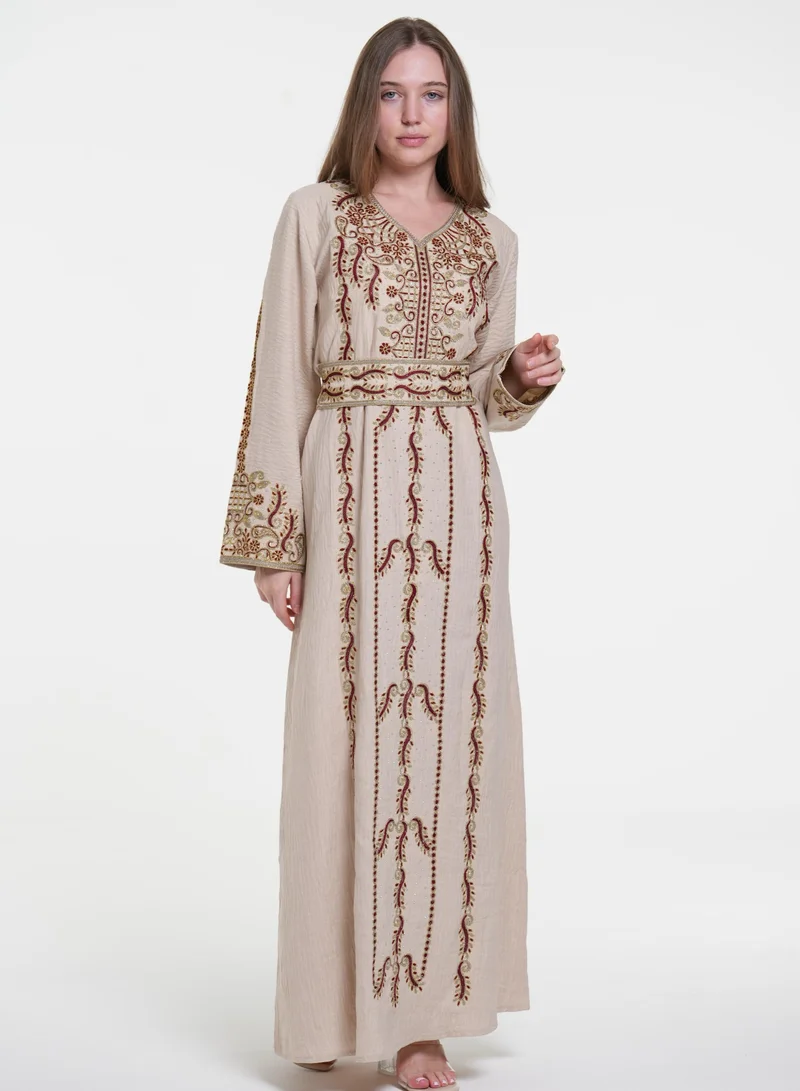 AL BENT AL SHARQIEH beige belted  jalabiya dress for Women | Best Price UAE