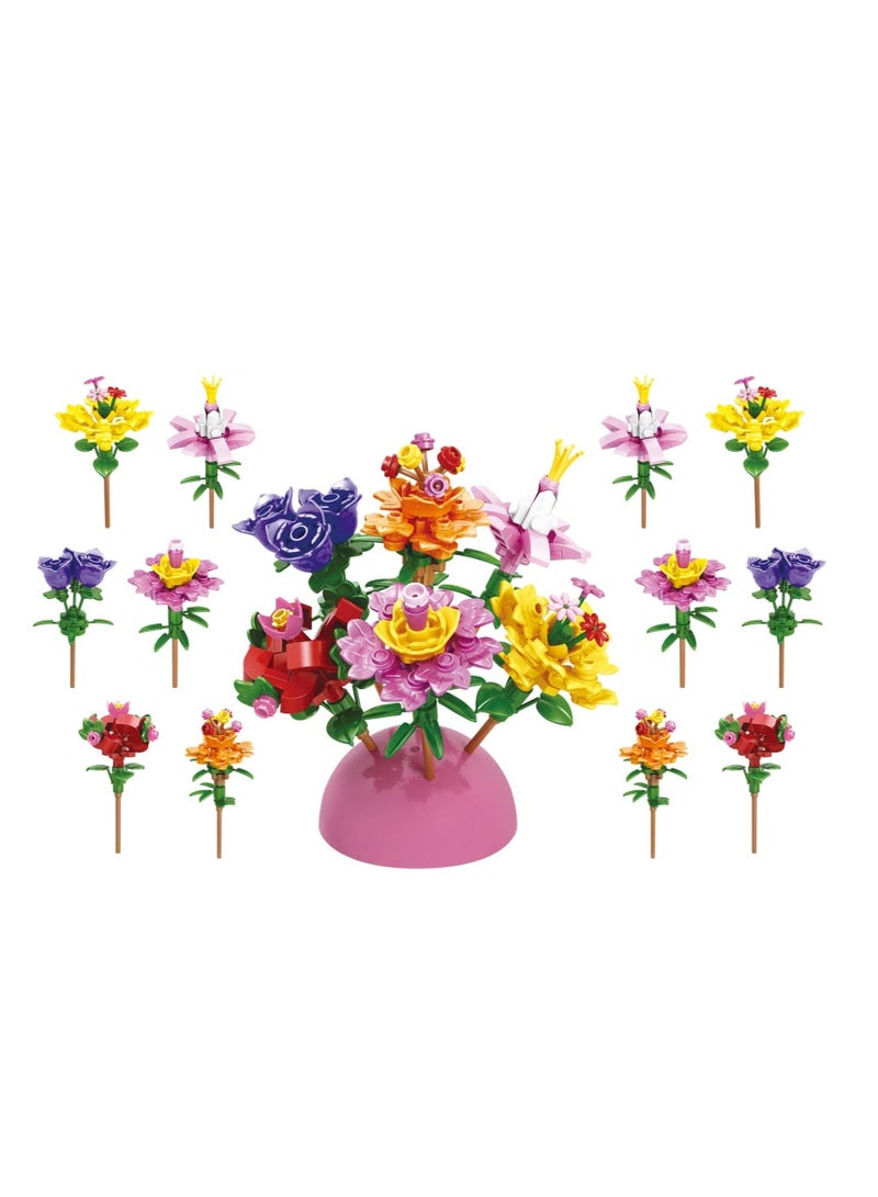 Flowers Basket Stuffers Building Blocks Create a Stunning Bouquet with 314 Building Blocks Gifts for Girls Women 12 Packs Beautiful Bouquet Model Set with Toys Inside - Image 1