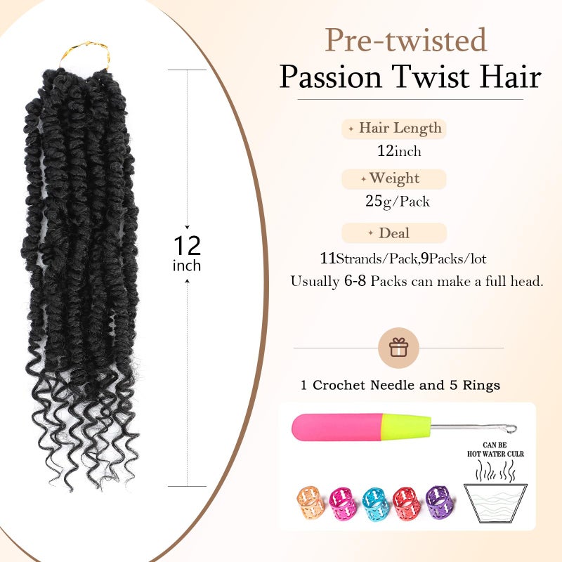 Befunny Passion Twist Crochet Hair,12 Inch 9 Packs Pretwisted Passion Twist Hair, Soft Pre Looped And Pre twist Crochet Hair For Womenï¼ŒShort Black Curly Crochet Braids(12",1B#) - Image 3