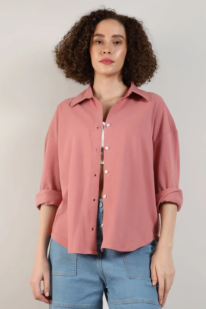 Campus Sutra Women's Salmon Pink Solid Boxy Shirt