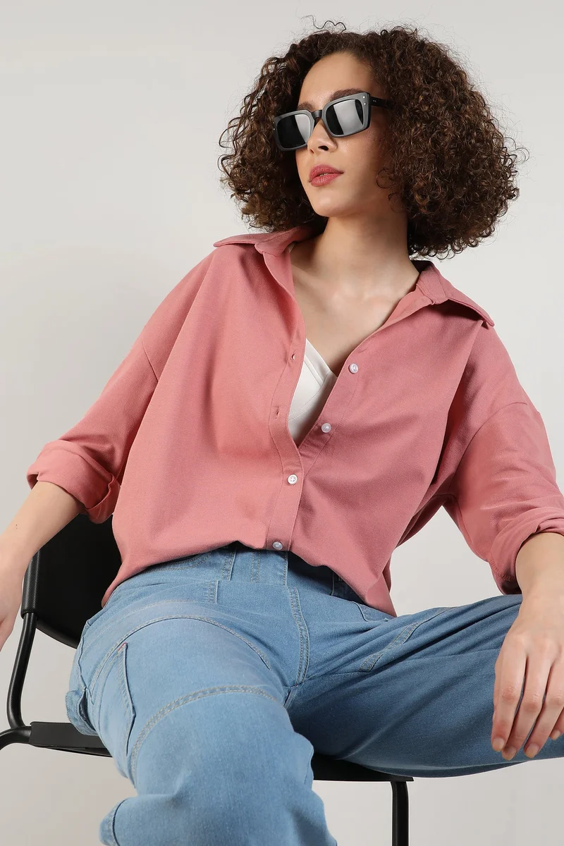 Campus Sutra Women's Salmon Pink Solid Boxy Shirt