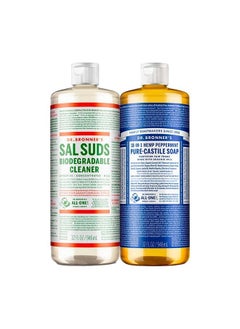 Variety Pack: PureCastile Liquid Soap (Peppermint 32 oz) & Sal Suds Biodegradable Cleaner (32 oz) Organic NonGMO Vegan CrueltyFree : 2 Count