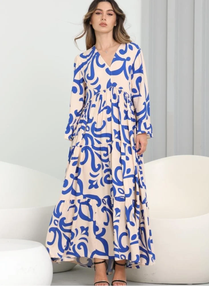 ELVA Women's V-Neck Printed Satin Maxi Dress – Wide Sleeves, Flowy Fit, Medium Length Summer Dress