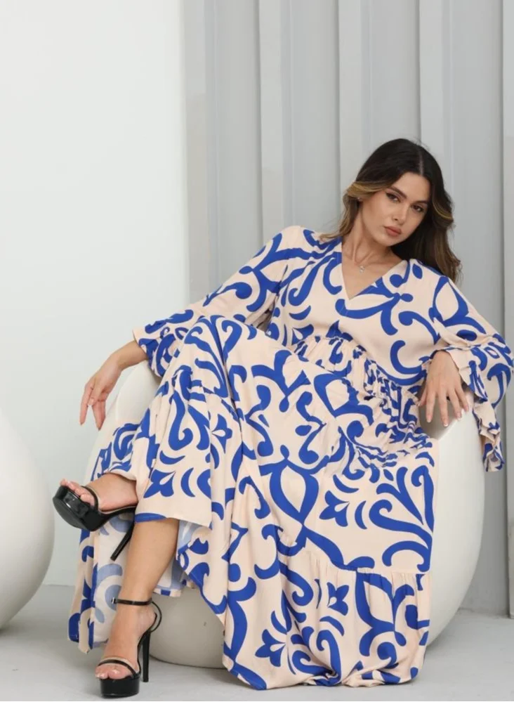 ELVA Women's V-Neck Printed Satin Maxi Dress – Wide Sleeves, Flowy Fit, Medium Length Summer Dress
