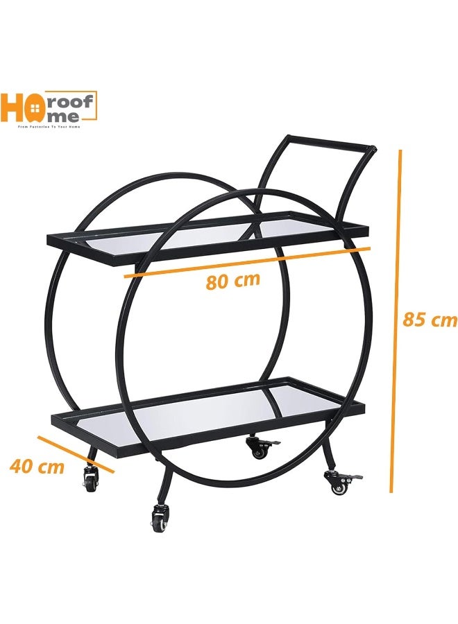 Horoof Market Modern Circular Glass Bar Cart with Metal Frame – 2-Tier Serving Trolley, Black Finish, 80x40x85 cm, 2cm Thick Glass, Elegant Rolling Drink Table for Home & Hospitality Use  - Image 3