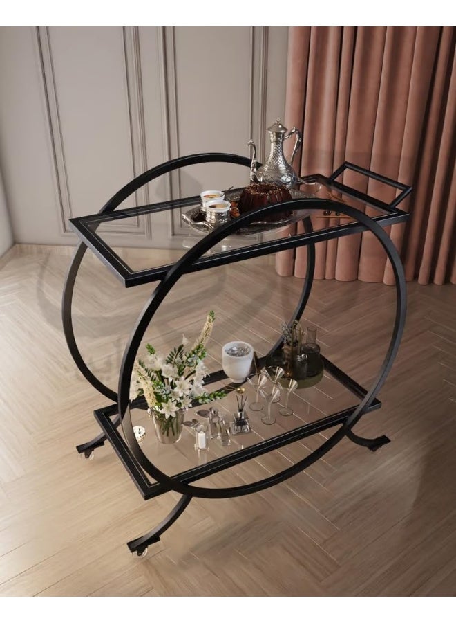 Horoof Market Modern Circular Glass Bar Cart with Metal Frame – 2-Tier Serving Trolley, Black Finish, 80x40x85 cm, 2cm Thick Glass, Elegant Rolling Drink Table for Home & Hospitality Use  - Image 1
