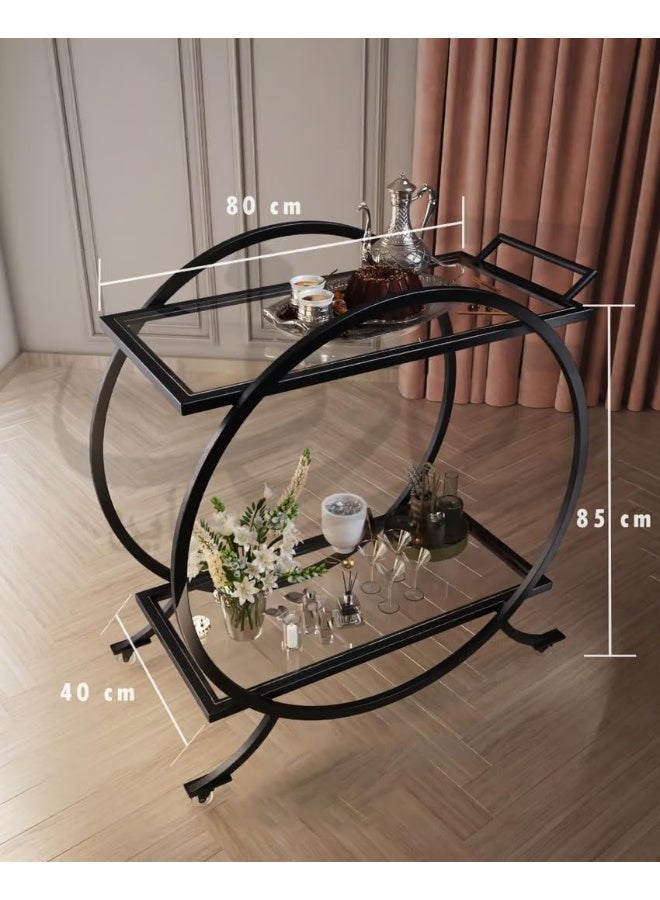Horoof Market Modern Circular Glass Bar Cart with Metal Frame – 2-Tier Serving Trolley, Black Finish, 80x40x85 cm, 2cm Thick Glass, Elegant Rolling Drink Table for Home & Hospitality Use  - Image 2