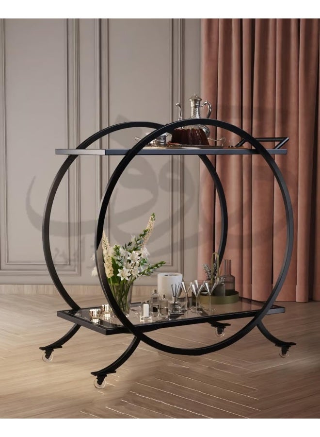Horoof Market Modern Circular Glass Bar Cart with Metal Frame – 2-Tier Serving Trolley, Black Finish, 80x40x85 cm, 2cm Thick Glass, Elegant Rolling Drink Table for Home & Hospitality Use  - Image 4
