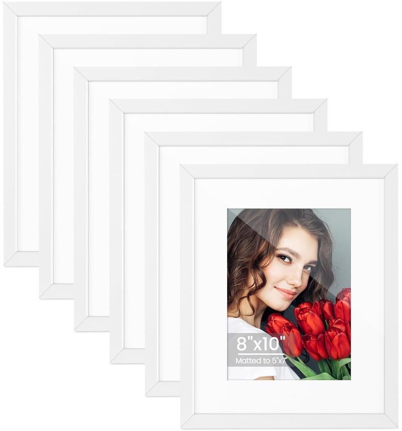 LBECUA 8x10 Picture Frame Set of 6 Display Pictures 8x10 without Mat or 5x7 with Mat Horizontal and Vertical for Wall and Tabletop White