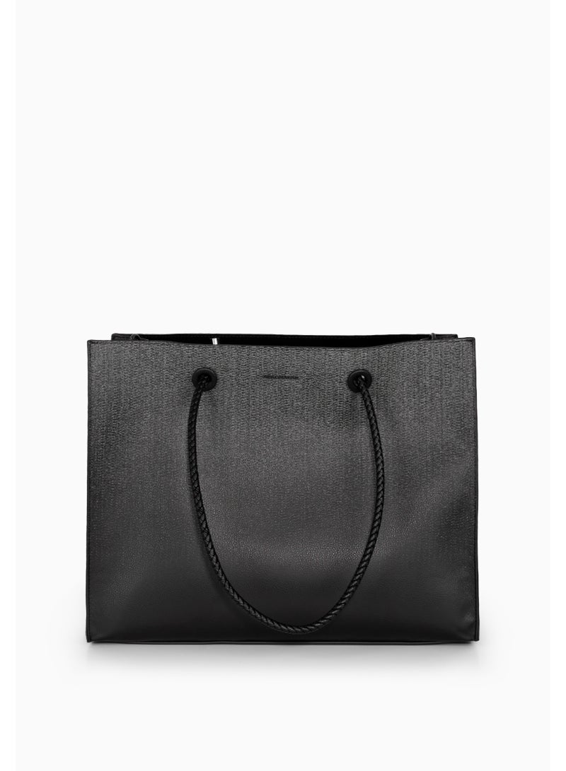 Miroshnikov Women’s Large Shopper Bag for Office & Work, Glossy PU Shoulder Tote, Memory Crinkle Effect, Spacious Lightweight Handbag, No Fastener, 40×31×12 cm - Black Gradient - Image 1