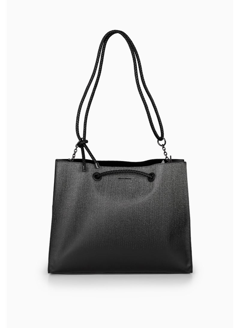 Miroshnikov Women’s Large Shopper Bag for Office & Work, Glossy PU Shoulder Tote, Memory Crinkle Effect, Spacious Lightweight Handbag, No Fastener, 40×31×12 cm - Black Gradient - Image 3