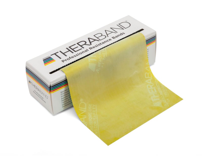TheraBand أشرطة مقاومة THERABAND، لفة بطول 6 ياردات، شريط مطاطي احترافي من اللاتكس للجزء العلوي من الجسم، الجزء السفلي من الجسم، وتمارين القوة، العلاج الطبيعي، البيلاتس، تمارين المنزل، وإعادة التأهيل، أصفر، رفيع، المستوى 2 - Image 1