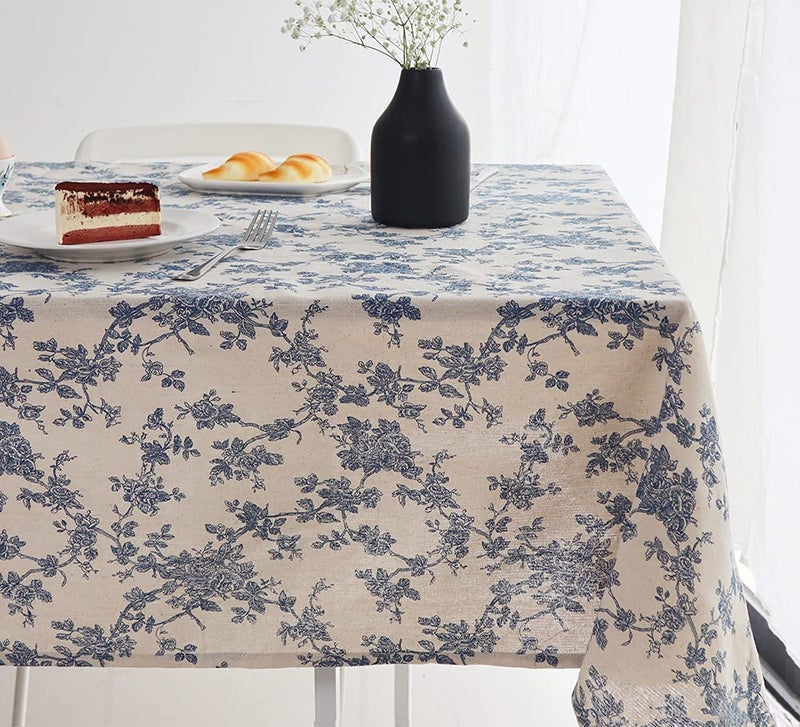 Wracra Cotton Linen Vintage Rectangle Tablecloth Pastoral Floral Rustic Table Cloth Washable Table Cover for IndoorOutdoorFarmhouse DecorPicnicTabletop Decoration Blue Floral 5578