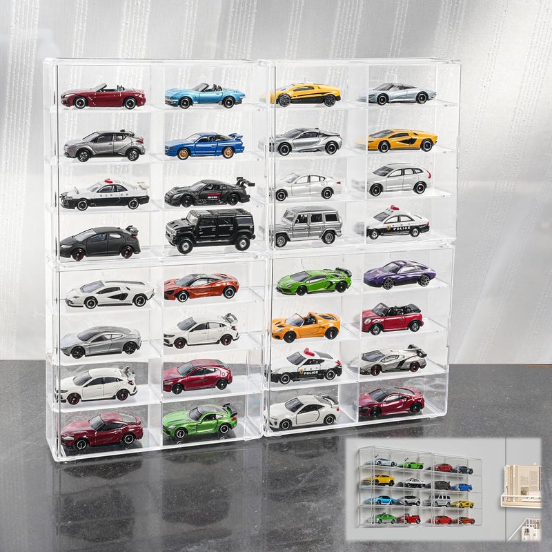 KASTUN Nisshinn Display Case for 32 Hot Wheels and Matchbox Cars - Wall Mount, Stackable, Clear, Dustproof - Image 1