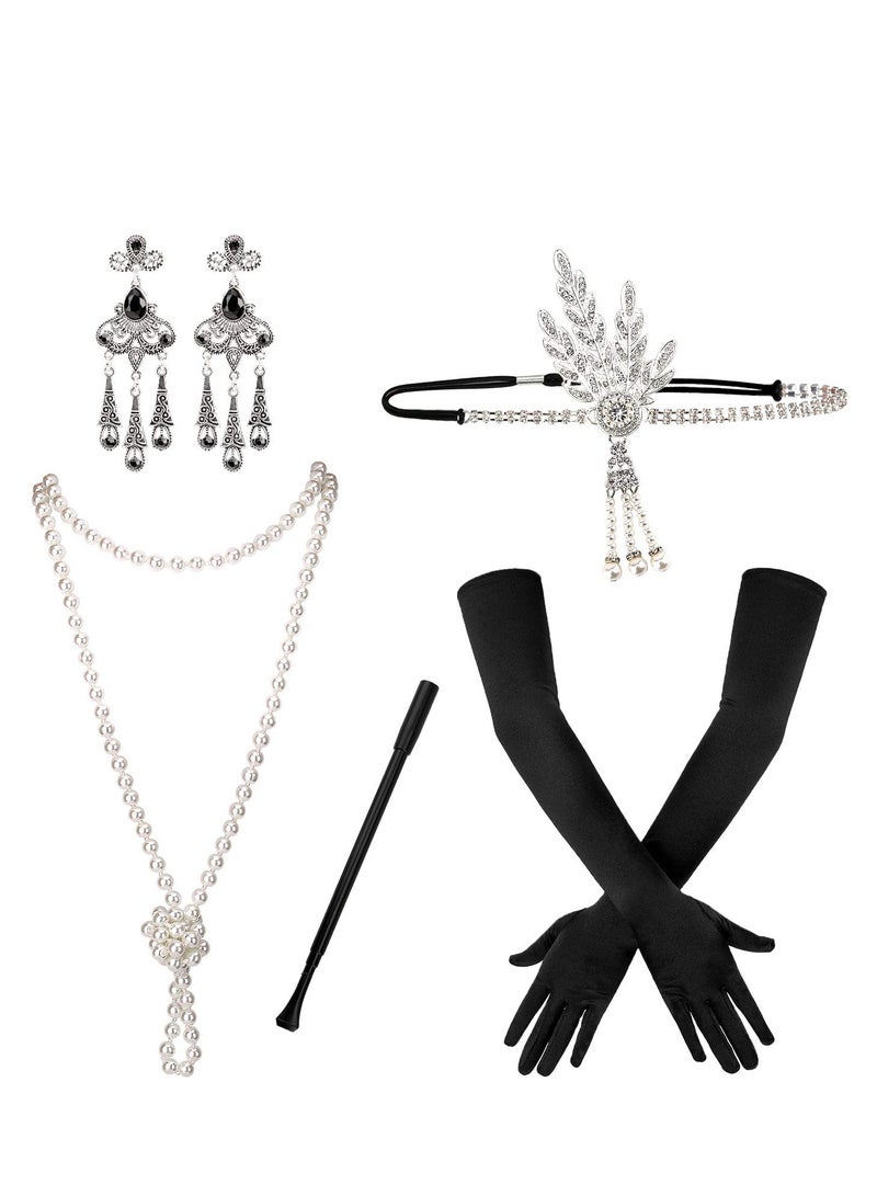SYOSI 5pcs 1920s Flapper Accessories 20s Gatsby Costume Accessories Set for Women Headband Earrings Pearl Necklace Gloves  - Image 1
