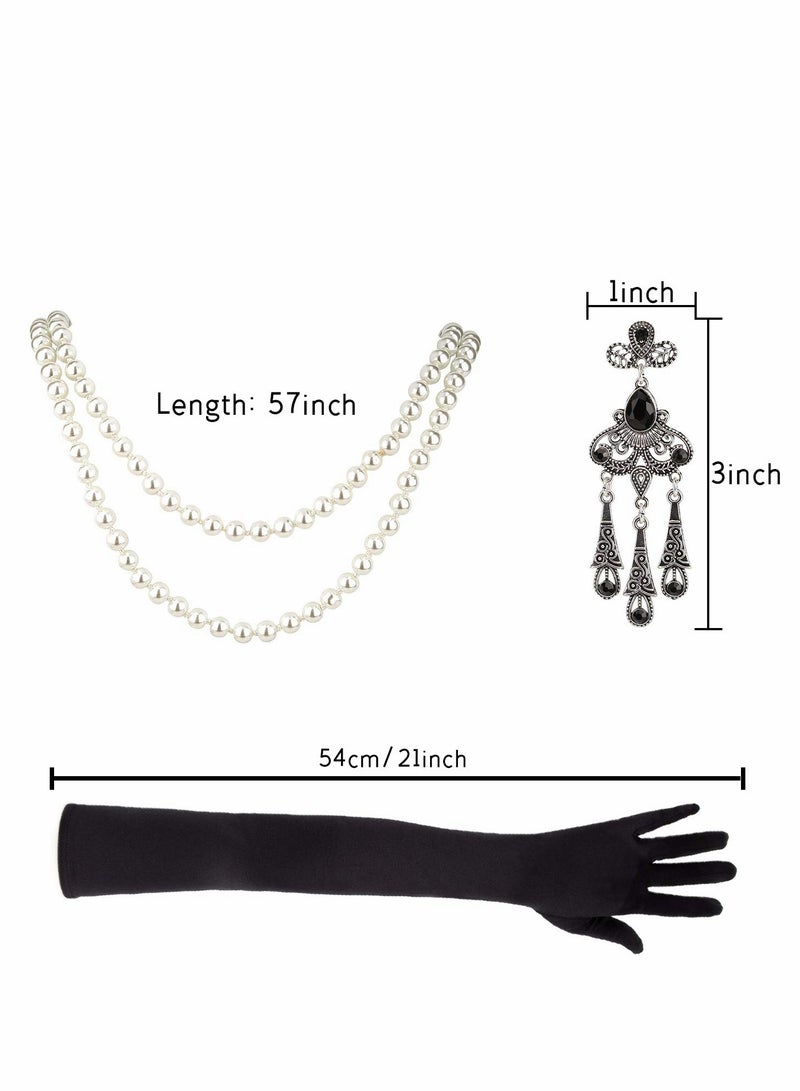 SYOSI 5pcs 1920s Flapper Accessories 20s Gatsby Costume Accessories Set for Women Headband Earrings Pearl Necklace Gloves  - Image 4
