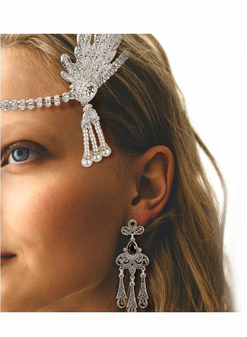 SYOSI 5pcs 1920s Flapper Accessories 20s Gatsby Costume Accessories Set for Women Headband Earrings Pearl Necklace Gloves  - Image 5
