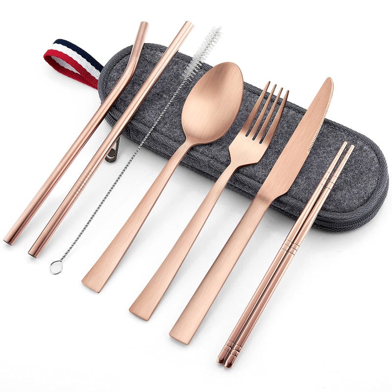 E-far Matte Copper Travel Utensils with Case Efar 8Piece Reusable Travel Silverware Set Metal Portable Camping Cutlery Flatware Set Includes Knife Fork Spoon Chopsticks Straws Cleaning Brush
