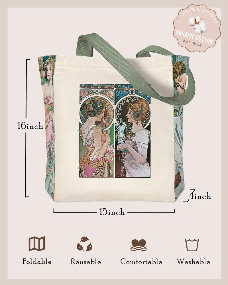 Crocothemis Aesthetic Canvas Tote Bag for Women, Vintage Alphonse Mucha Art Pattern Reusable Large Tote Bag - Cute Gifts for Girls & Women -A24 - Image 4