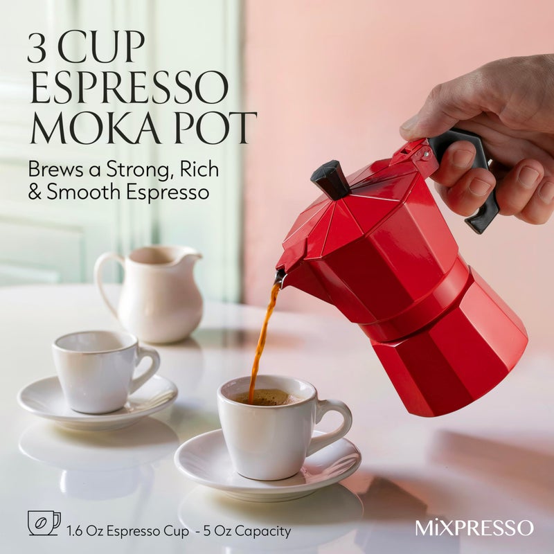 Mixpresso Red 3 Cup Moka Pot Cuban Coffee Maker, Moka Pot for Gas, Electric Stove Top, Classic Italian Coffee Maker, Stovetop Espresso Maker, Camping Pot Makes 3 Espresso Cup 5 Oz - Image 3