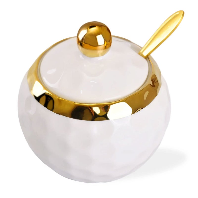WHJY Ceramic Sugar Bowl with Lid and Spoon Golf Design Porcelain Salt Bowl Salt Container Modern Spice Box Seasoning Jar for Home and Kitchen Coffee Bar White