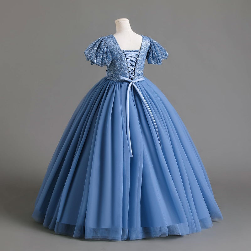 IDOPIP Flower Girl Sequin Lace-up Bowknot Dress for Kids Wedding Bridesmaid Pageant Party Formal Long Maxi Gown Big Little Princess First Communion Birthday Prom Puffy Tulle Dresses Blue 11-12 Years - Image 5